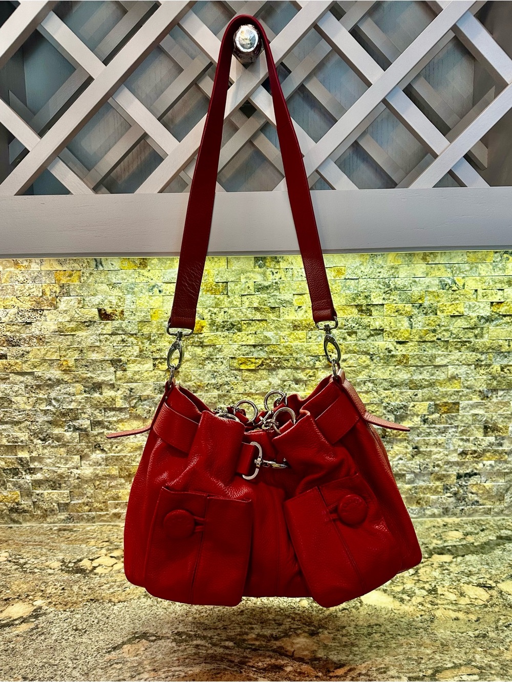 Vintage BODHI Red Pebbled Leather Chain Satchel Shoulder Bag